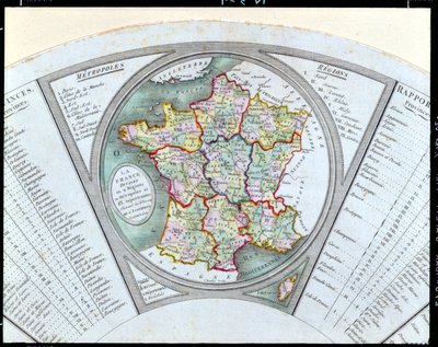 Tuuletin, joka kuvaa Ranskan karttaa jakautuneena 9 alueeseen, 10 metropoliin ja 83 departementtiin, 1790 tekijältä French School