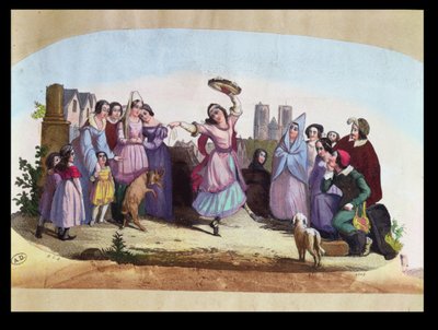 Viuhkasuunnittelu, joka kuvaa kohtauksen La Esmeraldasta, Louise-Angelique Bertinin (1805-77) oopperasta Victor Hugon (1802-85) romaanin jälkeen n. 1836 tekijältä French School