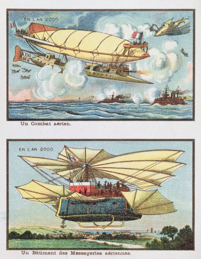 Fantasiakuvia ilmataistelusta ja rahtia kuljettavasta lentokoneesta vuonna 2000, n. 1910 tekijältä French School