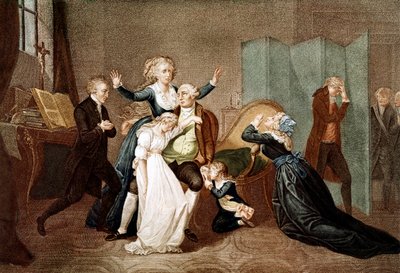 Jäähyväiset Louis XVI:lle hänen perheensä toimesta temppelissä, 20. tammikuuta 1793 - Louis XVI:n viimeinen haastattelu perheensä kanssa (Marie Antoinette ja heidän lapsensa Marie Therese tai Madame Royale (1778-1851) ja Louis XVII (1785-1795), hänen teloi tekijältä French School