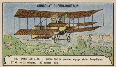 Farman teki ensimmäisen maastolentokoneen Euroopassa Bouystä Reimsiin, Ranskaan, 30. lokakuuta 1908 (chromolitho) tekijältä French School