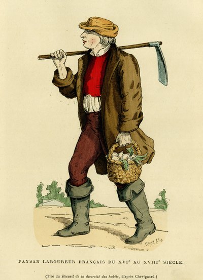 Maanviljelijän puku 1600-1700-luvuilta. Värikaiverrus Chevignardin piirustuksen mukaan, Augustin Challamelin teoksessa "France et les francais a travers les centuries", F.Royn toimittaja, Paris 1882. Selva Collection. tekijältä French School
