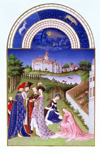 Faksimile huhtikuulta: Limbourgin veljien hovihahmot linnan alueella Tres Riches Heures du Duc de Berrystä (alkuperäinen katso 8436) tekijältä French School