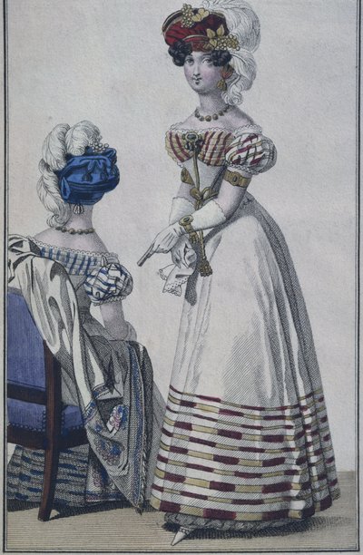 Muotilevy, Pariisi, kuvitus Le Petit Courrier des Damesista, n. 1820 (värikaiverrus) tekijältä French School