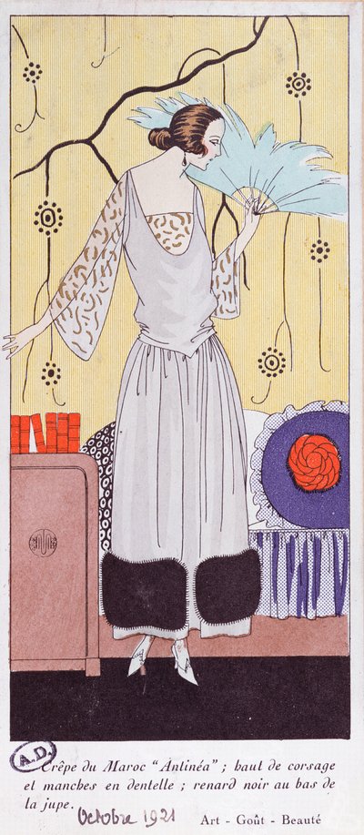 Höyhenistä valmistettua viuhkaa kuvaava muotilautanen Art, Gout, Beaute, 1921, (pochoor print) tekijältä French School