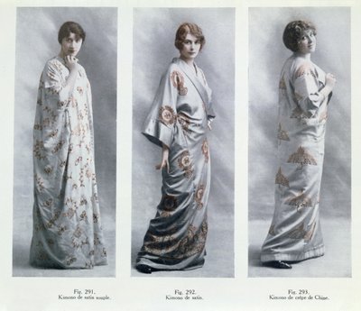 Muotilevyt, joissa on kimonojen kuvioita, kuvituksia Le Jardin des Modes Nouvellesista, 15. huhtikuuta 1913 tekijältä French School