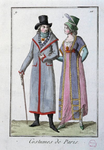 Muotia Directorien alla: pari eleganttia pariisilaista. Nimetön litografia vuodelta 1795. Pariisi, pukumuseo tekijältä French School