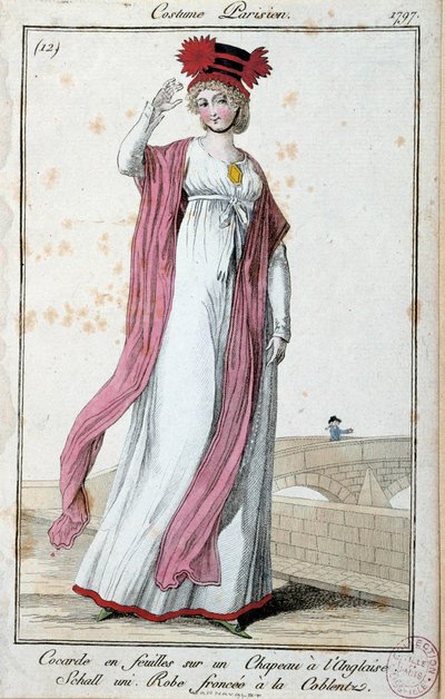 Muotia Directorireen alla: tyylikäs nuori nainen, jolla on pariisilainen puku: cocarde lakanoissa englantilaisessa hatussa, mekko rypistynyt koblentzilla. Anonyymi kaiverrus. 1797 Pariisi, Musee du costume tekijältä French School