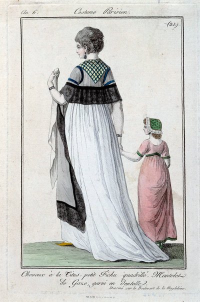Muoti johtokunnan alla: tyylikäs nuori pariisilainen nainen yllään Titus, sideharsovaippa pitsillä. 1797. Pariisi, pukumuseo tekijältä French School