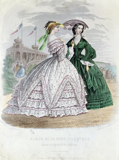 Muodikkaat pariisilaiset naiset meren rannalla, 1861 (värikaiverrus) tekijältä French School