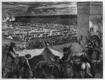 Federaation juhla Champ de Marsilla Pariisissa Bastillen valloituksen ensimmäisenä vuosipäivänä 14. heinäkuuta 1790. Maurice Lachatren kaiverrus "Histoire des Papes-Rois-Queen and Empereurs a travers les centuries" tekijältä French School