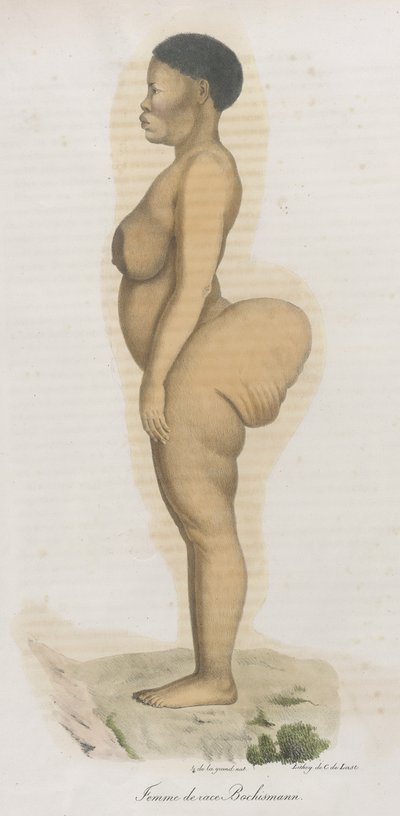 "Femme de race Bochismann". Tämä levy on ilmeisesti kuva Sara (Saartjie) Baartmanista (1789-1815), joka oli Etelä-Afrikasta tuotu Khoisan, joka oli tuotu julkiseen näytteille Piccadillyyn nimellä "Hottentot Venus", koska se oli tekijältä French School