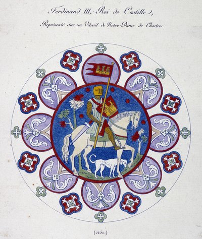 Fernand III, Kastilian kuningas, edustaa Notre Dame de Chartresin lasimaalausta (1252). Yliopiston vertaus. tekijältä French School
