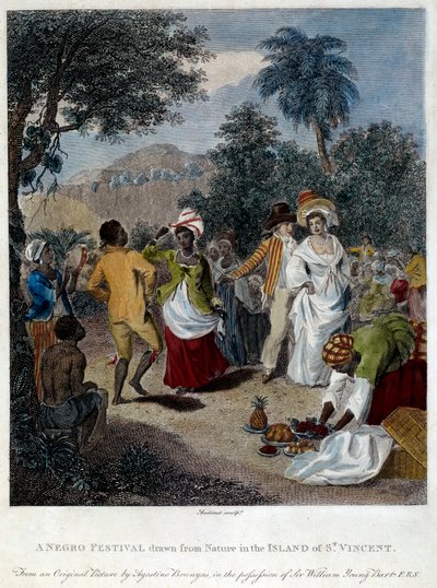 Fete negre Saint Vincentin saarella (Keski-Amerikka, Antillit). Kaiverrus 1800-luvulta. Chartres, Kuvataidemuseo tekijältä French School