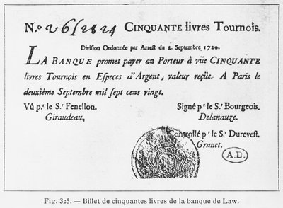 Viidenkymmenen punnan ranskalainen seteli Law Bankista, päivätty 2. syyskuuta 1720 tekijältä French School