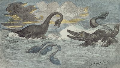 Taistelu plesiosauruksen ja iktiosauruksen välillä liass- tai jurakaudella (208-146 miljoonaa vuotta sitten), 1880 (värikaiverrus) tekijältä French School
