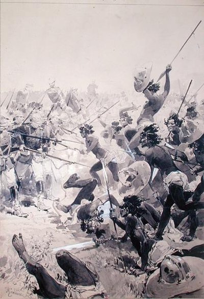 Taistelut zulujen ja englantilaisten sotilaiden välillä, n. 1878 (akvarelli paperille) tekijältä French School