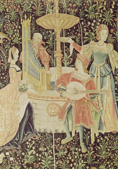 Figuurit suihkulähteen ympärillä, yksityiskohta The Concert at the Fountain -työpajasta, Loiren työpaja, n. 1570-80 (katso 87759, 19846) tekijältä French School