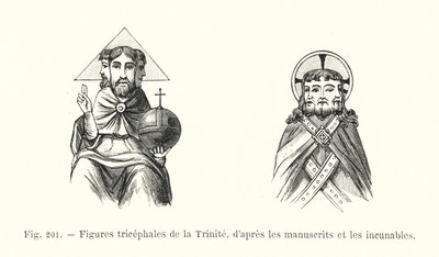 Kolminaisuuden kolmipäiset hahmot käsikirjoituksista ja inkunaabelista (kaiverrus) tekijältä French School