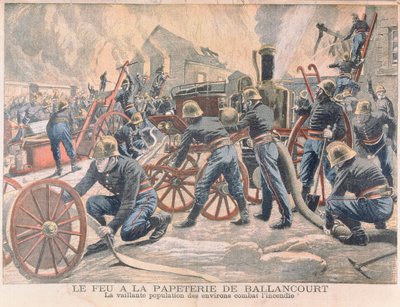 Palomiehet sammuttavat tulipaloa paperitehtaalla Ballancourtissa, Le Petit Journal, 1905 tekijältä French School
