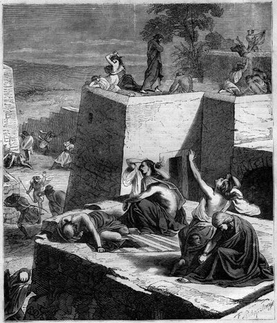 Ensimmäinen ristiretki (1096-1099): Saksan ristiretket murskaavat unkarilaiset ja sytyttivät kaupungit tuleen. Maurice Lachatren kaiverrus "Histoire des Papes-Rois-Queen and Empereurs a travers les centuries" tekijältä French School