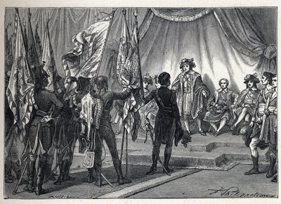 Ensimmäinen liittouma: Joachim Murat (1767-1815) esittelee johtokunnalle Napoleon Bonaparten johtaman Ranskan armeijan Italian kampanjan aikana valloittamat liput. Kaiverrus vuodelta 1889. Yksityinen kokoelma. tekijältä French School