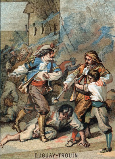 Rene Duguay Trouinin (Duguay-Trouin) (Rene Trouin du Gue dit) (1673-1736) ensimmäinen saavutus, ranskalainen merimies: Duguay - Trouin-taistelija Wassenaer (1695). Kromolitografia sarjasta ""Isänmaallinen koulutus kuvan kautta"". tekijältä French School