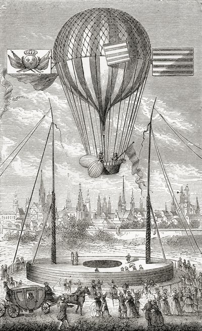 Ensimmäinen lento ohjattavalla ilmapallolla, Dijonista, 12. kesäkuuta 1784, teoksesta "Wonderful Balloon Ascents or the Conquest of the Skies", kirjoittanut Fulgence Marion, julkaistu n. 1870 tekijältä French School