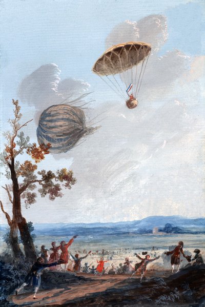 Ensimmäinen laskuvarjolla laskeutunut mies, 22. lokakuuta 1797, Parc Monceaussa, Pariisissa, noin 1797 tekijältä French School