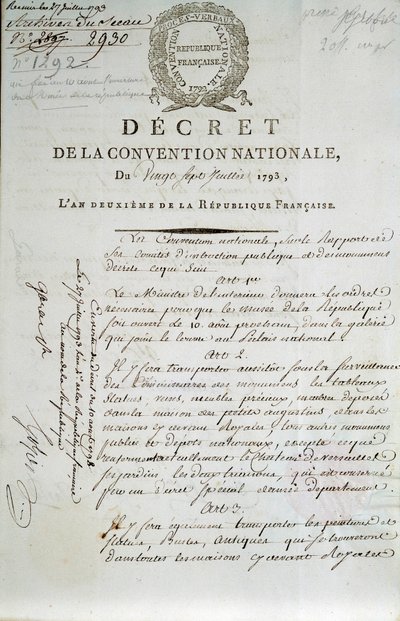 Palais du Louvren museoksi perustamisesta 27.7.1793 pidetyn kansalliskokouksen salaisuuden ensimmäinen sivu tekijältä French School