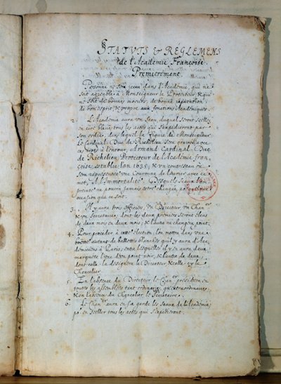 Ranskan akatemian perussäännön ensimmäinen sivu 1635 (muste paperille) (katso myös 179947) tekijältä French School