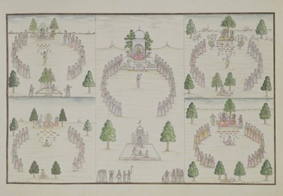 Viisi hindukulttia: Shiva, Krishna, Vishnu, Brahma ja äitijumalatar Gentil-albumista, julkaistu vuonna 1774 tekijältä French School
