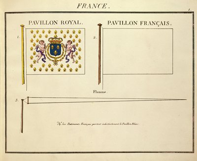 Ludvig XVIII:n ja Kaarle X:n, Ranskan kuninkaiden lippu, Pavillons des Puissances Maritimes (värikaiverrus) tekijältä French School