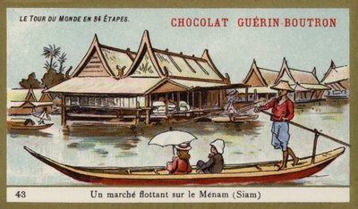 Kelluvat markkinat Menam-joella, Siam (chromolitho) tekijältä French School