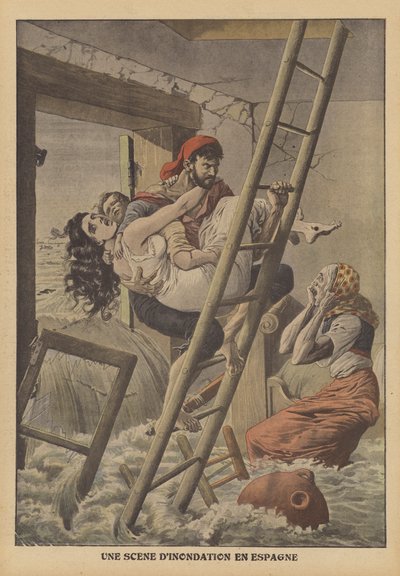 Tulvat Espanjassa (värillinen litografia) tekijältä French School
