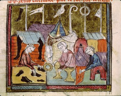 Fol.122v-kauppiaat Lendit-messuilla lähellä St. Denisiä, Grandes Chroniques de Francesta, 1375-79 tekijältä French School