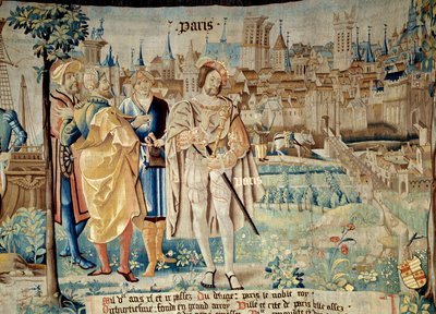 Fondation de la ville de Paris. Kuningas Francois I (1494-1547) päätti perustaa pysyvän pääkaupunkinsa Pariisiin palattuaan vankeudesta vuonna 1527. Arrasin työpajan kuvakudos "Gallien upeasta historiasta". 1530 Beauvais, departm tekijältä French School