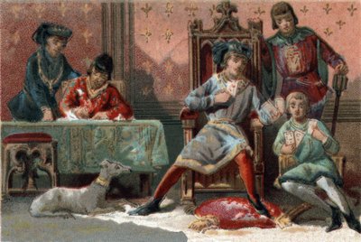 Ranskan kuningas Kaarle VI (1368-1422) pelasi korttia häiriötekijänä. Kromolitografia noin 1890. tekijältä French School