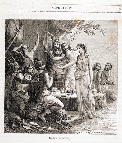 Marseillen perustaminen: kreikkalaiset merimiehet perustivat ranskalaisen kaupungin vuonna 600 eKr. Kaiverrus Henri Martinin kirjaan "Histoire de France populaire". 1800-luvulla tekijältä French School