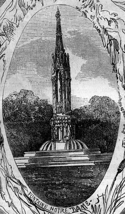 Pariisin suihkulähde: näkymä Neitsyt-suihkulähteelle (Notre Damen suihkulähde) (noin 1845). Kaiverrus "" Le Monde Illustré" -julkaisussa nro 254, 22. helmikuuta tekijältä French School