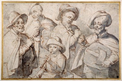 Neljä hurdy-gurdy-pelaajaa ja poika, jolla on piippu, n. 1650-1699 (kynä ja muste paperille) tekijältä French School
