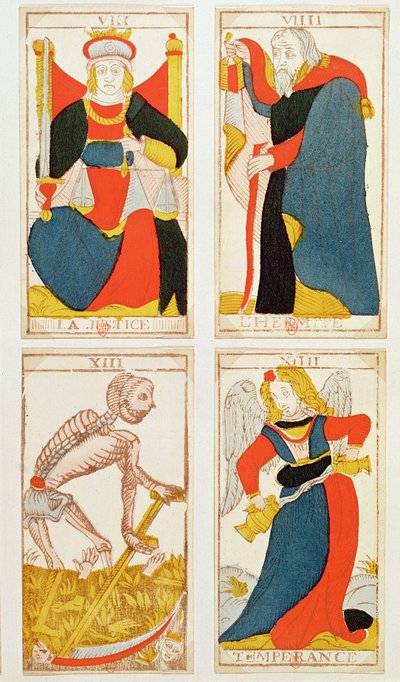 Neljä tarot-korttia, jotka kuvaavat oikeudenmukaisuutta, raittiutta, kuolemaa ja erakkoa (värillinen puukaiverrus) tekijältä French School