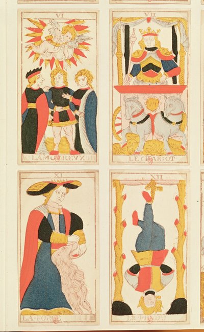 Neljä tarot-korttia, jotka kuvaavat rakastajia, vaunuja, voimaa ja hirtettyä miestä (värillinen puukaiverrus) tekijältä French School