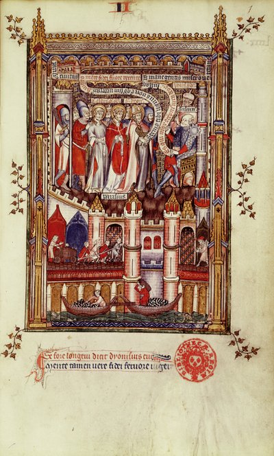 Fr 2092 f.1 Sisinniuksen ensimmäinen kuulustelu St. Denisistä ja hänen seuralaisistaan Vie de St. Denisistä, 1317 tekijältä French School