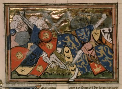 Fr 22495 f.235v , Jerusalemin taistelu vuonna 1187, Le Roman de Godefroi de Bouillonista tekijältä French School