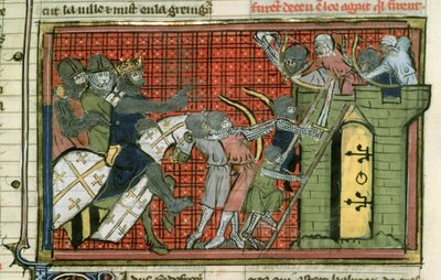 Fr 22495 f.36r Hyökkäys kaupunkiin, Le Roman de Godefroi de Bouillon tekijältä French School