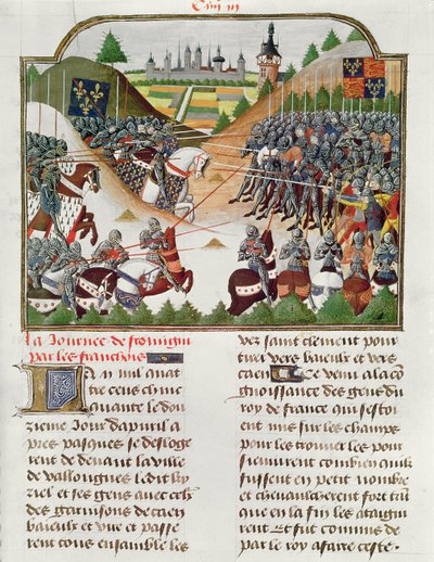 Fr 2691 f.183 Taistelukohtaus Jehan Charetierin kirjoittamasta "Kaarle VII:n Ranskan kronikasta" (pergamentti). tekijältä French School
