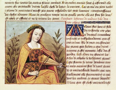 Fr 599 f.19 Nainen soittamassa viulua, teoksesta `Des Cleres et Nobles Femmes tekijältä French School