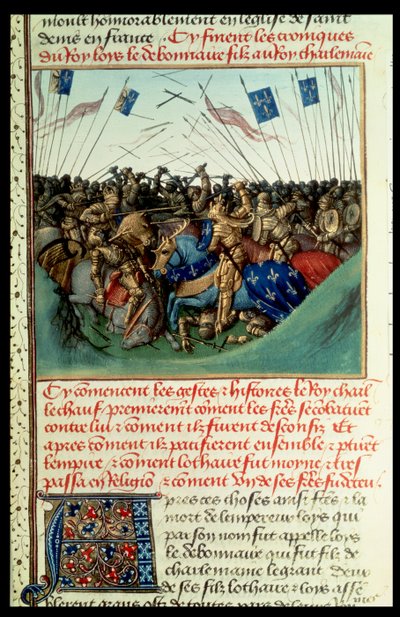 Fr 6465 f.140 Lothair I (795-855) Lännen keisari taistelussa veljiensä Ludvig Saksan (n.804-76) ja Kaarle Kaljuun (823-77) kanssa Fontenoy en Puisayessa vuonna 841 tekijältä French School