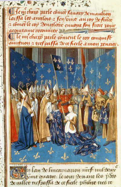 Fr 6465 f.247v Ludvig VIII:n (1187-1226) ja Blanche de Castilen kruunaus Reimsissä Jerusalemin kuninkaan läsnäollessa tekijältä French School